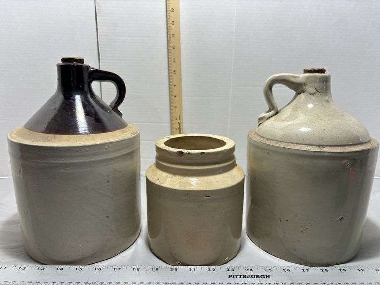 Moonshine Two Tone Stoneware Crock 1 Gallon, Pickle Crock & Primitive Glazed Stoneware Crock