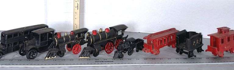 Cast Iron Double Decker Bus, Model T Sedan, 1960's 40 Steam Locomotive, Black Steam Engine #50 Train