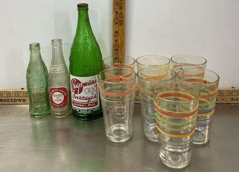 Vintage Beverage Bottles & 7 Striped Iced Tea Glasses