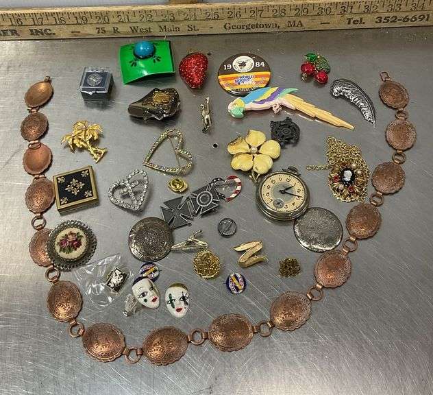 Assorted Jewelry, Copper Belt & Pins (the 2 cross pins are marked Sterling)