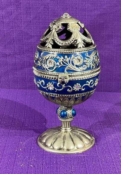Collectible Jeweled Enameled Blue Pedestal Music Box