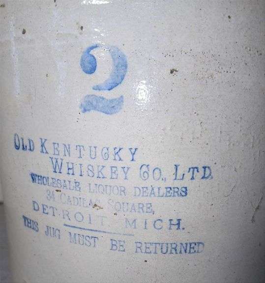 Antique Stoneware Whiskey Jug From Old Kentucky Whiskey Co. of Detroit Michigan
