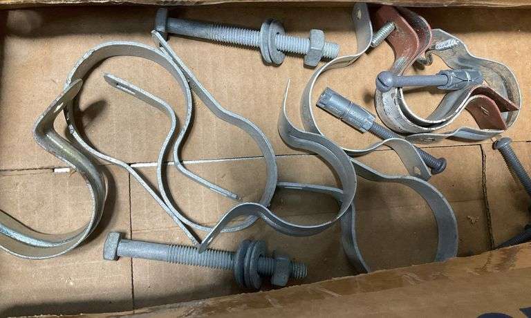 Box of Large Screw Bolts, Fence Holders & More