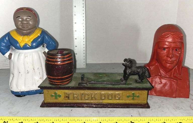 Cast Iron "Trick Dog" Mechanical Bank, Cast Iron Mammy Bank & Lucky Charles Lindberg Cast Iron Bank