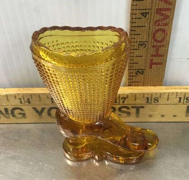 L.E. Smith Amber Glass Boot and Moser Cranberry Glass Toothpick Holders