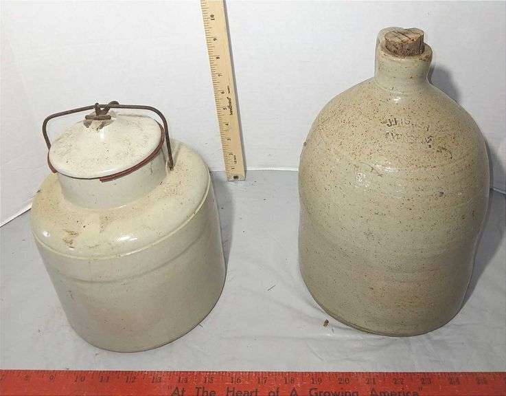 Salt Glazed Stoneware Jug & Stoneware Crock w/ Locking Lid