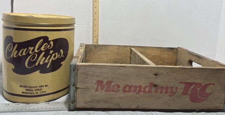 RC Cola Wooden Soda Crate & Charles Chips Tin