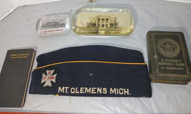 Hat, Bank & Assorted Mt Clemens Michigan Memorabilia