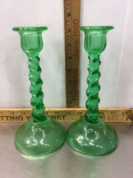 Green Uranium Depression Glass Twisted Candlestick Holders