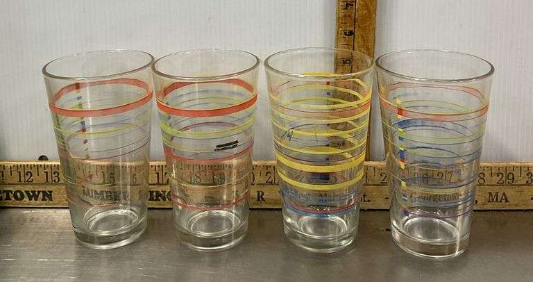 Vintage Beverage Bottles & 7 Striped Iced Tea Glasses