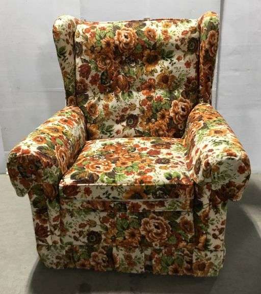 Mid Century Modern Orange Floral Upholstered Armchair
