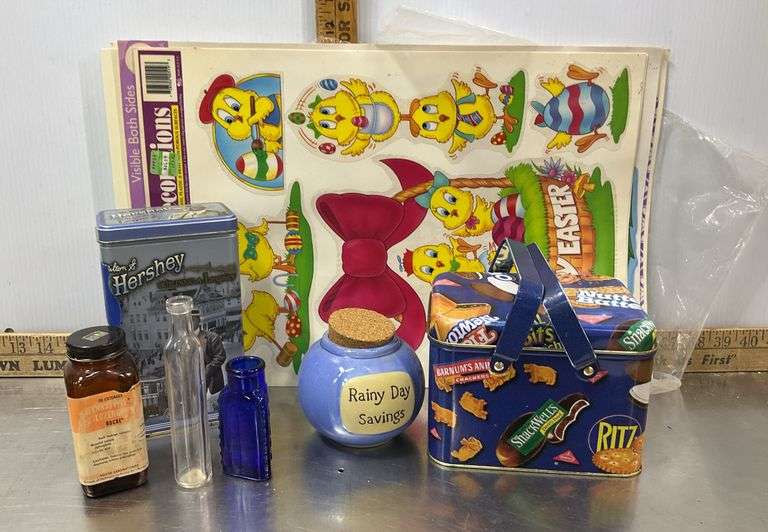 Easter Window Clings, Tins, Bank & Vintage Bottles
