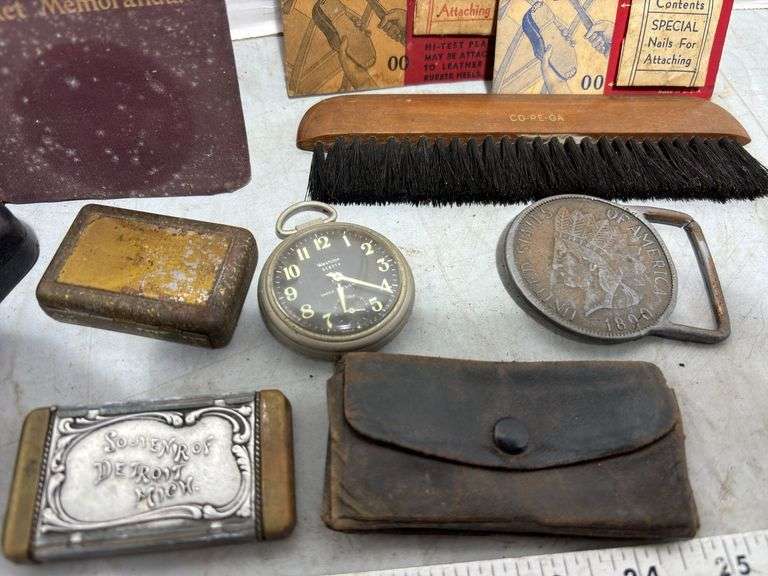 Matchboxes, Mechanics Pocket Memorandum Book, One Cent Indian Head Belt Buckle & More!