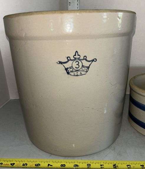 3 gallon Blue Crown Salted Glazed Stoneware Crock & Blue Striped Stoneware