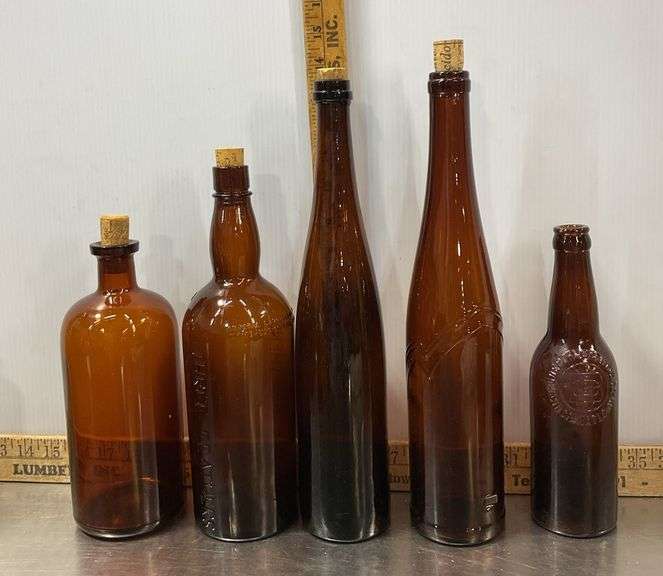 Tote with Lid Filled with Vintage Glass Bottles