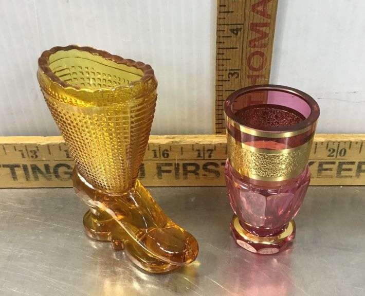 L.E. Smith Amber Glass Boot and Moser Cranberry Glass Toothpick Holders