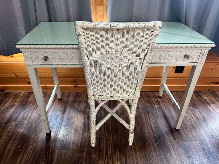 White Shabby Chic Glass Topped Desk (30”T,44”W,19”D) & Wicker Chair