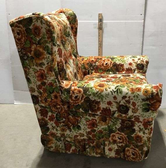 Mid Century Modern Orange Floral Upholstered Armchair
