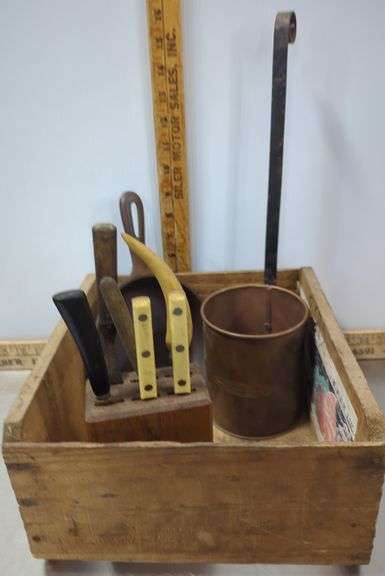 Wooden Crate with Copper Ladle 6" Cast Iron Pan, & Block of Knives