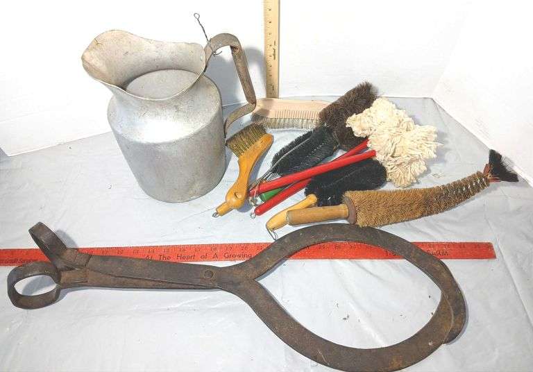 Mid 20th Century Aluminum Water Pitcher, Antique Ice Tongs and Cleaning Brushes