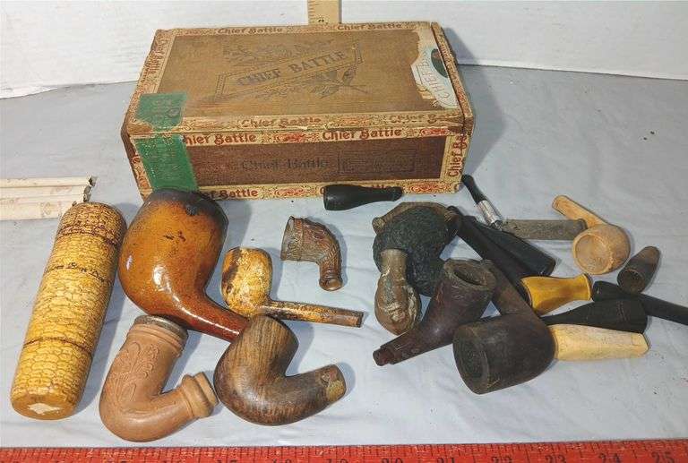 Early 20th Century Chief Battle Cigar Box, Clay Pipe Pieces and Cigarettes