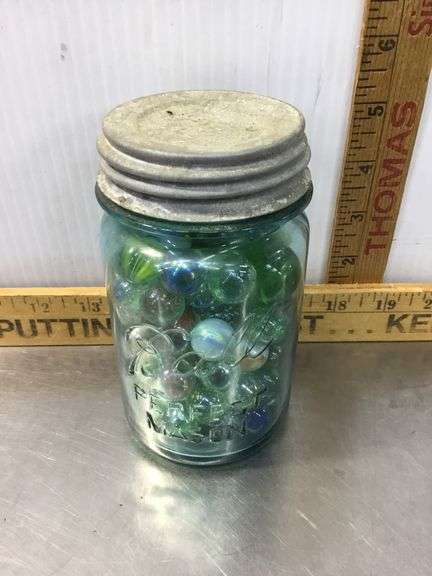 Ball Canning Jar With Marbles and Burlap Sack