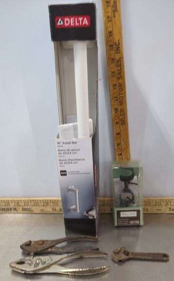 3 Hay Hooks, Drill Doctor (powers on), Towel Bracket, Baseball Cards & More