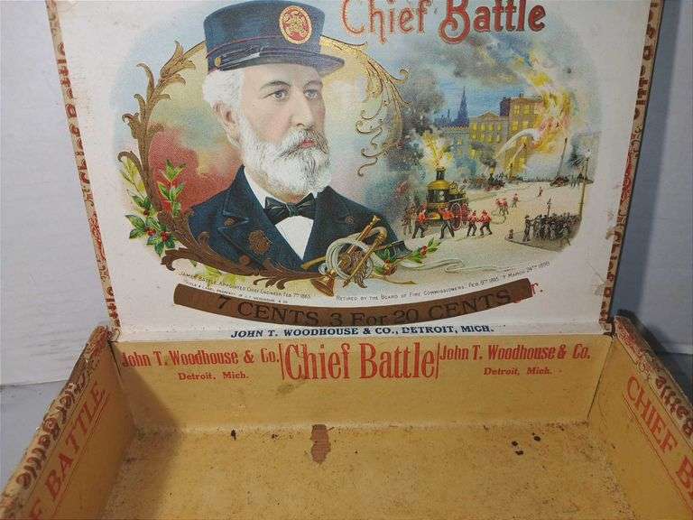 Early 20th Century Chief Battle Cigar Box, Clay Pipe Pieces and Cigarettes