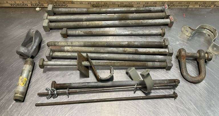 Box of Large Screw Bolts, Fence Holders & More