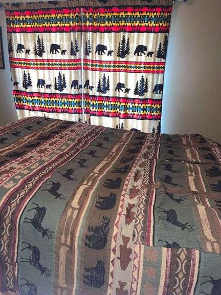 Woodland Queen Size Bead Spread & Shams + Carstens “Bear Trails” 54”x84” Drapes