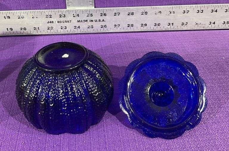 Vintage Cobalt Blue Pumpkin Dish W/ Lid
