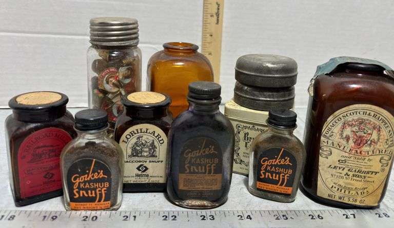 Goike’s Kashub Snuff Bottles, Bush Creek Smoking Tin & Various Other Snuff Bottles