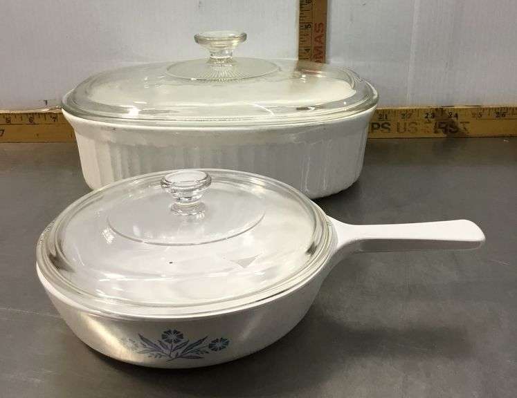 Corning Ware Baking Dishes With PYREX Lids, 2 Fire-King Bowls and 4 Amber Colored Glasses