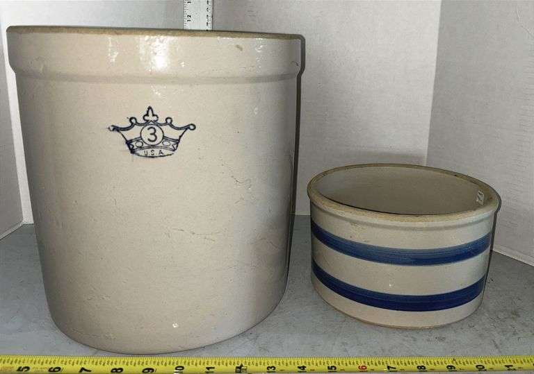 3 gallon Blue Crown Salted Glazed Stoneware Crock & Blue Striped Stoneware
