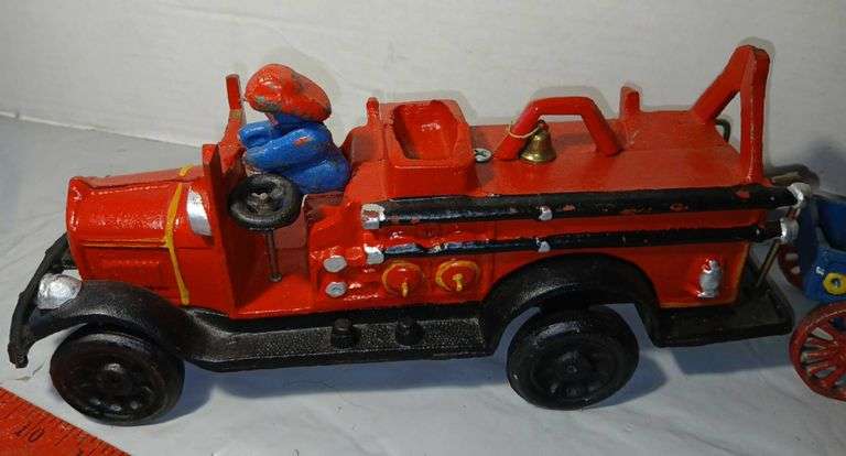 Cast Iron Goat Pulling Cart, Fire Truck & Log