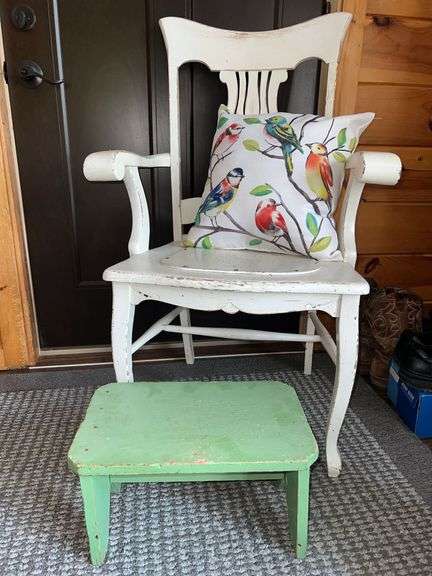 Wooden Chair, Bird Pillow & Green Painted Wooden Stool