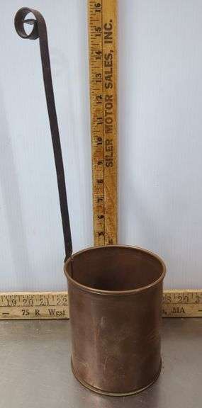 Wooden Crate with Copper Ladle 6" Cast Iron Pan, & Block of Knives