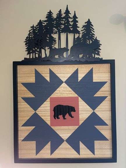 Black Bears in the Forest 17”x12” Metal Wall Decor & 21”x21” Wood Framed Quilt Square