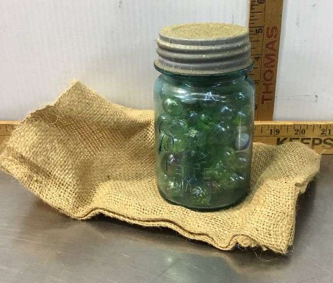 Burlap Sack With Ball Canning Jar Of Marbles