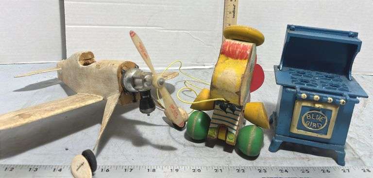 1963 Fisher Price Parrot Pull Toy, Blue Bird Cast Iron Cook Stove & Wooden Airplane