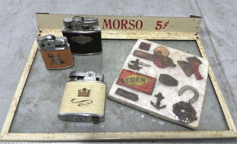 Morso Glass Cigar Box Cover, Ronson Lighter, Royal Star Automatic Mini Lighter, Omega Lighter & Tin 