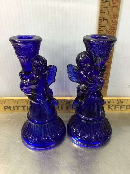 Cobalt Blue Angel Candlestick Holders and 2 Candles