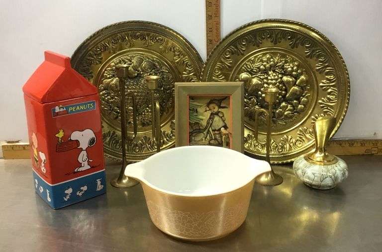 PYREX Woodland Casserole Dish, Brass Decor, Hummel Wall Decor, Peanuts Cookie Jar (some damage)