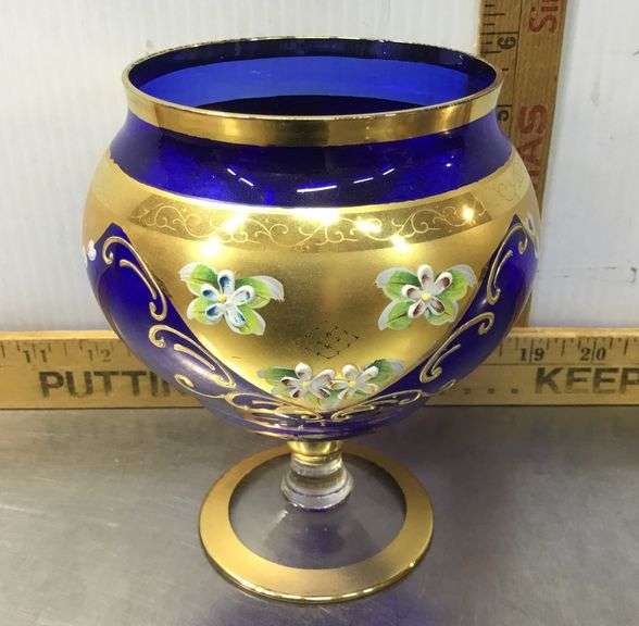 Bohemian Cobalt Blue Glass Vase, Murano Glass 24KT. Gold Paint Vase and Marigold Iridescent Harvest 