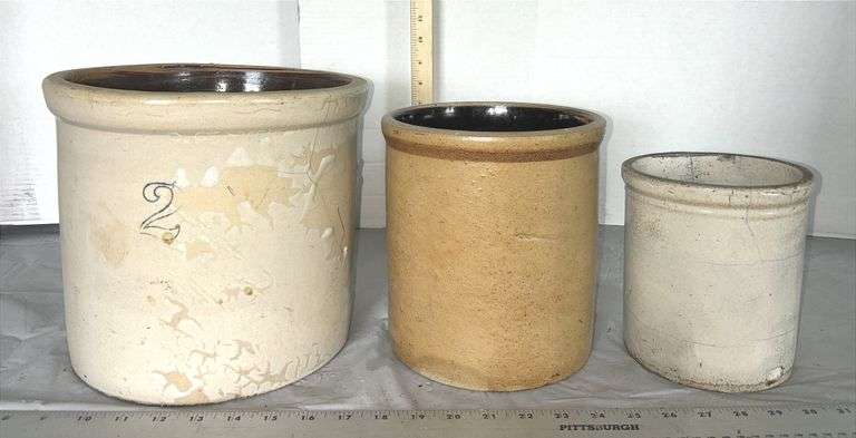 Late 19th Century Salt-Glazed #2 Stoneware Crock & Two Smaller Stoneware Crocks