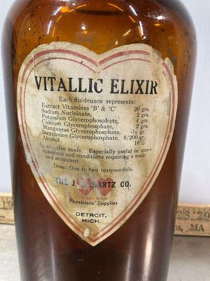Vintage Large Brown Glass Detroit Vitallic Elixir Bottle