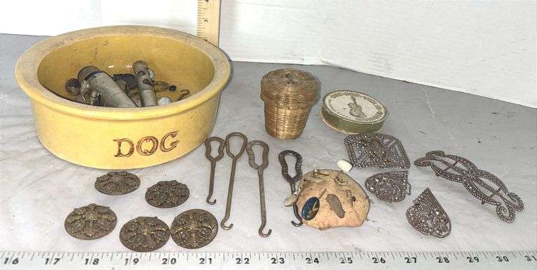 Stoneware Dog Dish, Belt Buckles, Pincushion w/ Pins, Primitive Buttons  & More Items
