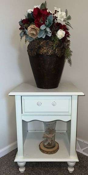 Carved Shabby Chic Nightstand (25”T,19”W,16”D) & Artificial Floral Arrangement