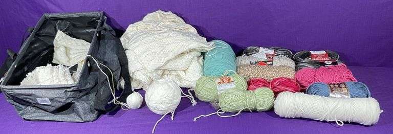 Collection of Yarn & Started Projects W/ Tote