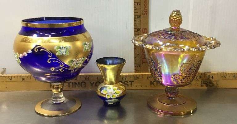 Bohemian Cobalt Blue Glass Vase, Murano Glass 24KT. Gold Paint Vase and Marigold Iridescent Harvest 